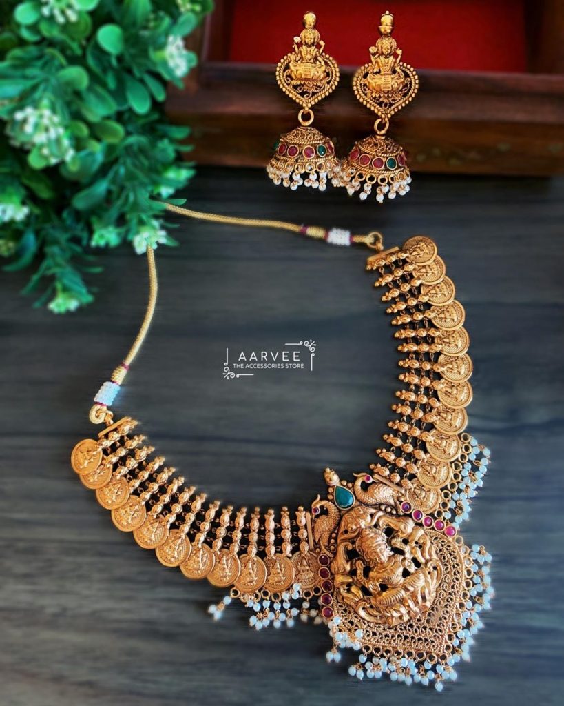 Finely Carved Lakshmi Coin Necklace Set From Aarvee