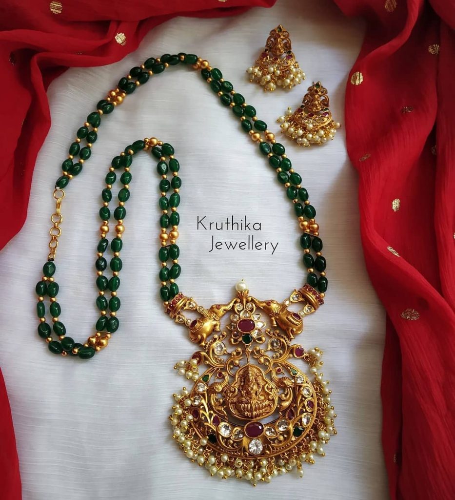 Green Beads Lakshmi Devi Maala From Kruthika Kewellery