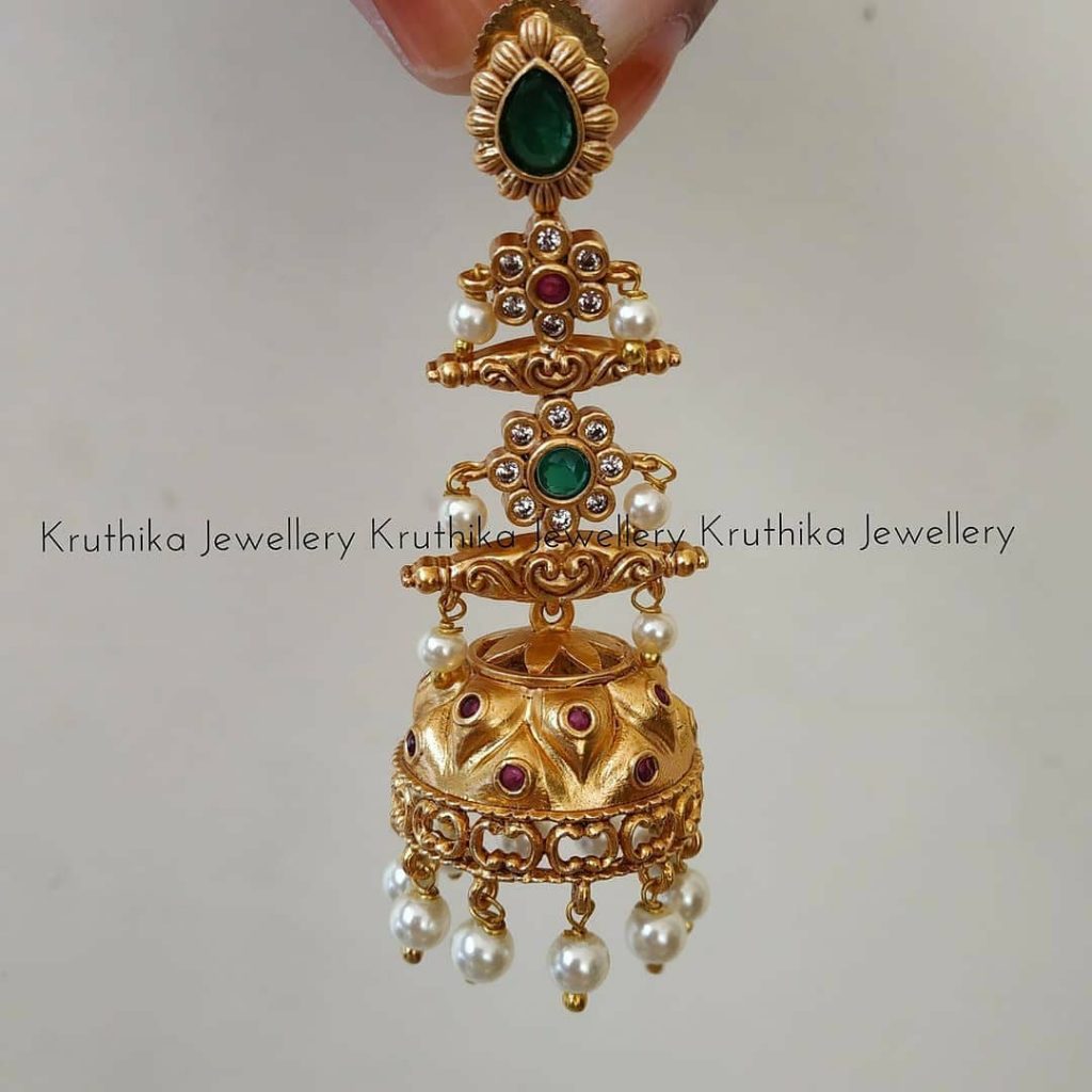 Matte Three Layer Jhumkas From Kruthika Jewellery