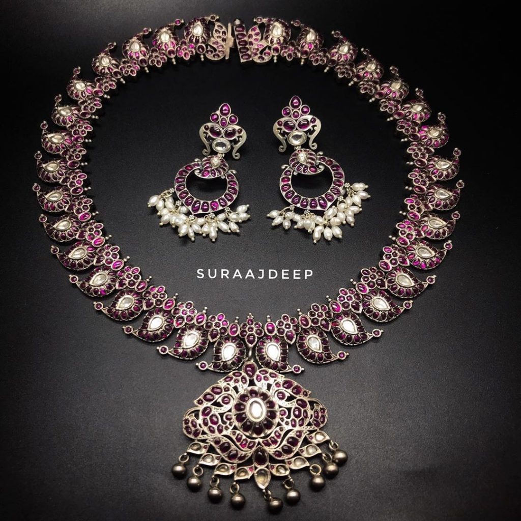 Antique Silver Necklace Set From Suraajdeep