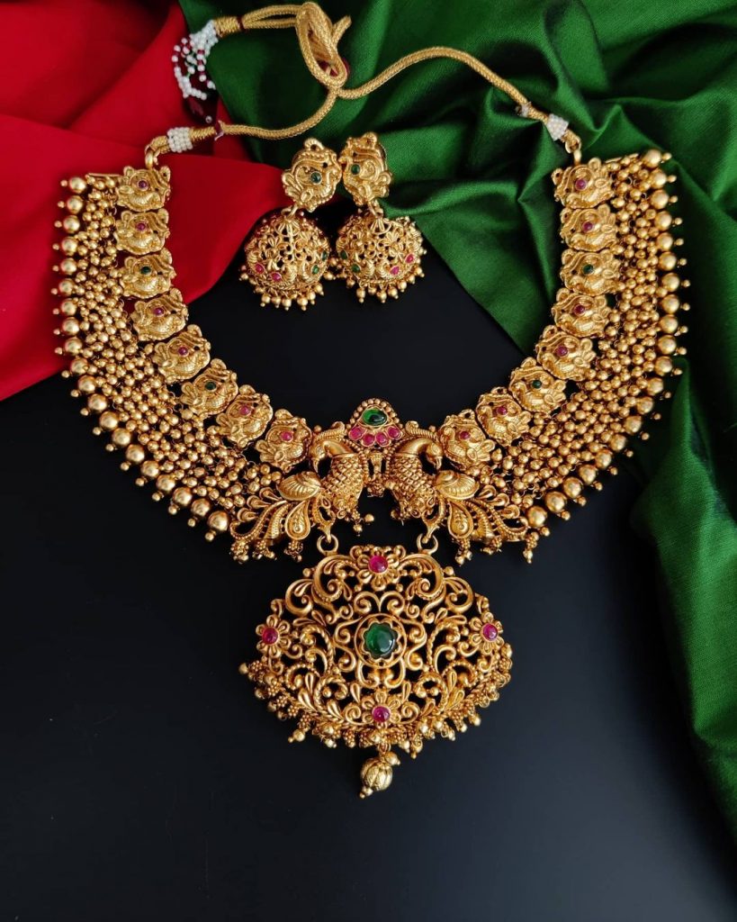 Golden Peacock Necklace Set South India Jewels