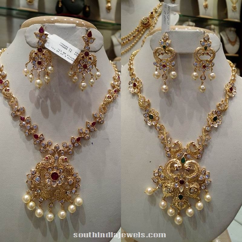 Gold White Stone Peacock Necklace with Chandbali earrings