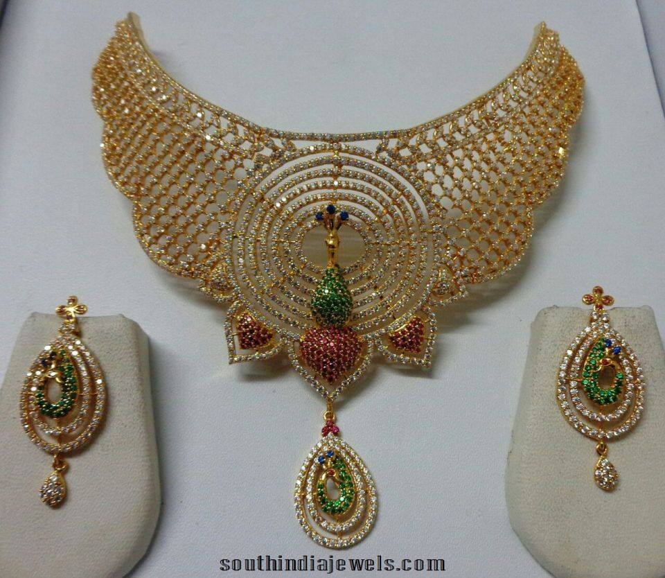 Huge Bridal Diamond Choker set with peacock diamond earrings
