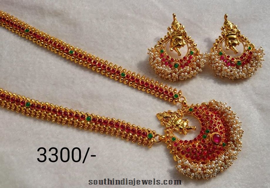 imitation temple jewellery long necklace set with matching earrings