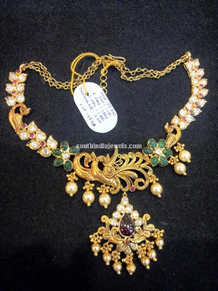Gold antique short necklace with peacock design
