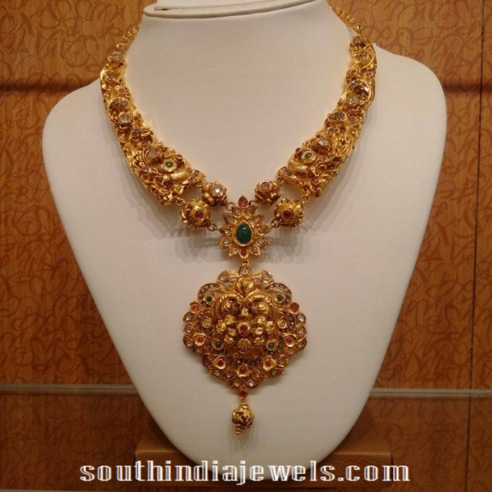 Gold Antique Necklace with Diamond Polki Stones - South India Jewels
