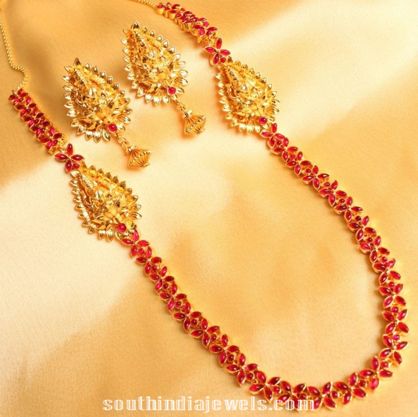 1 gram gold floral ruby necklace with earrings