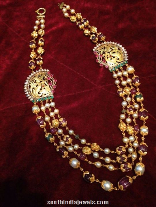 Multilayer gold pearls mala with side mogappu