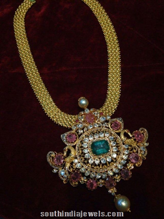 Gold Short Necklace with rubies and emeralds