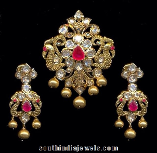 Gold Pachhi peacock pendant sets with chandbali earrings