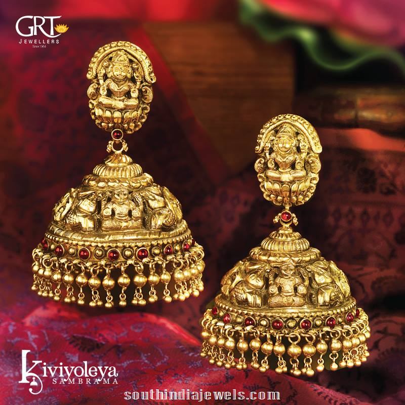 GRT jewellers gold antique temple jhumka design