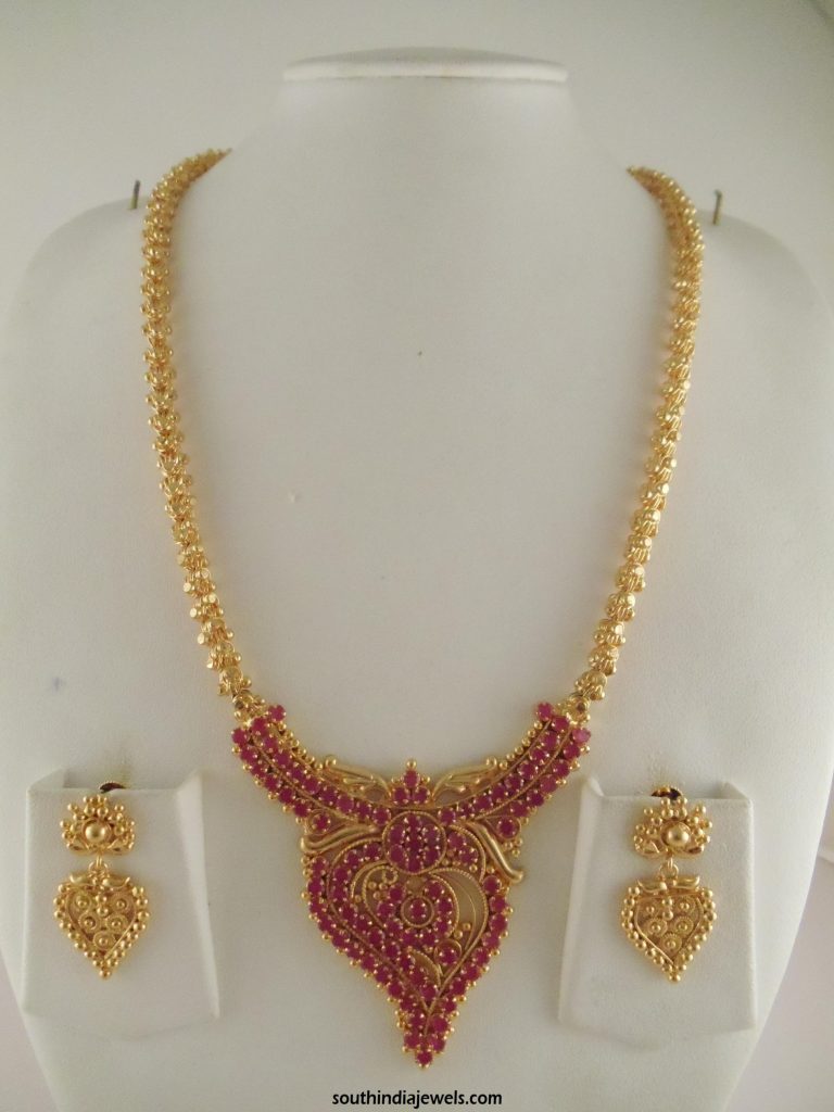 1 Gram Gold Ruby Long Necklace Design