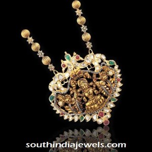 22 Carat Gold Stone Studded Lakshmi Pendant - South India Jewels