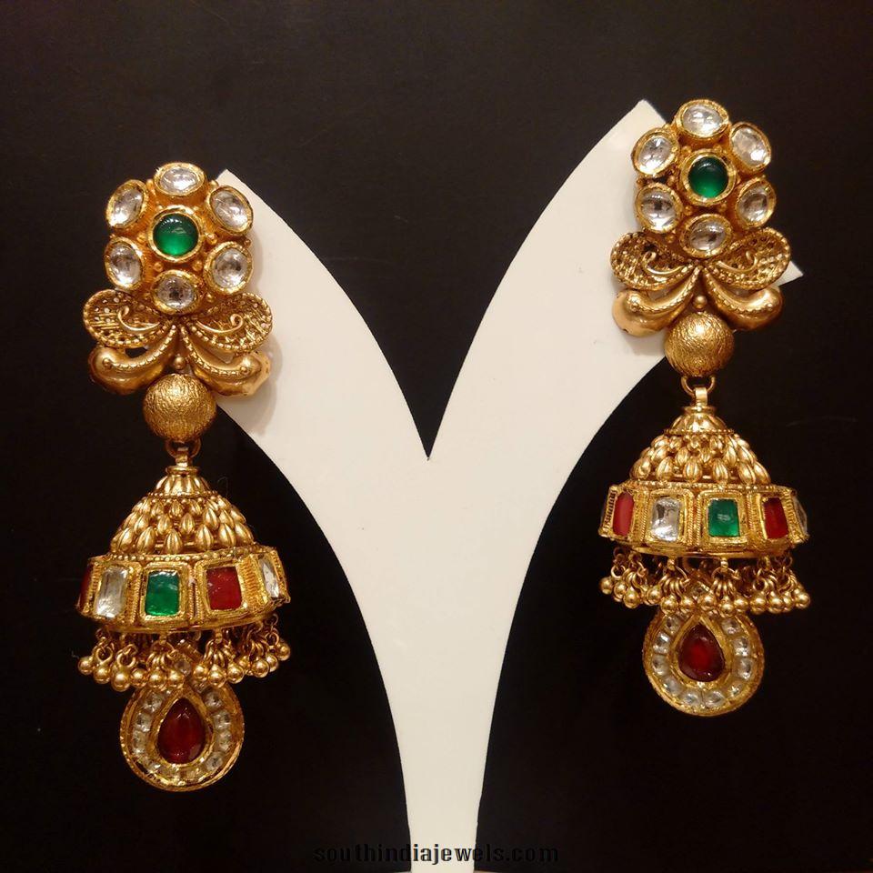 Gold Jhumka with Colorful kundans