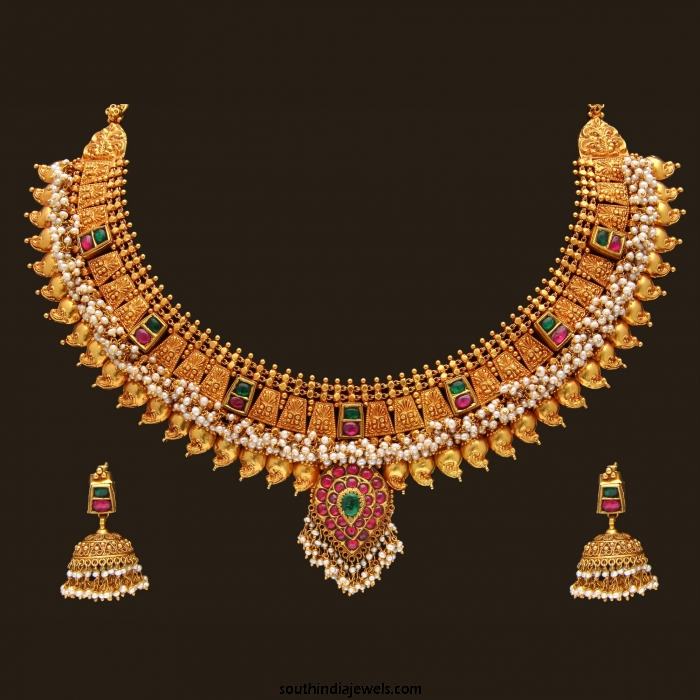 Gold Antique Pearl Necklace Set from VBJ