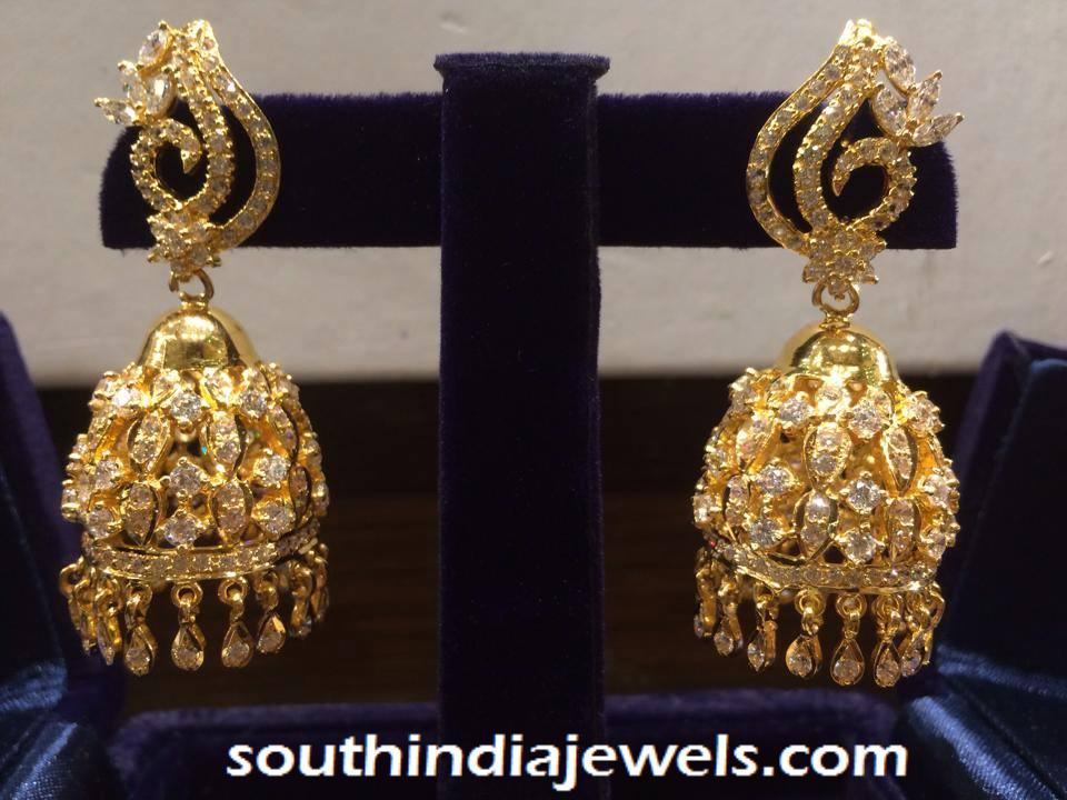 22k Gold White Stone Jhumka ~ South India Jewels