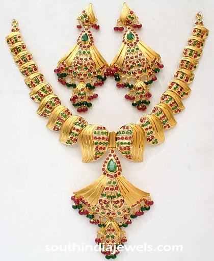 Gold Anitque Ruby Emerald Necklace