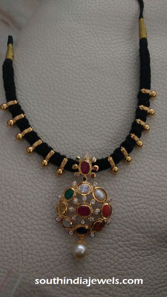 Gold black thread short necklace with navarathan pendant