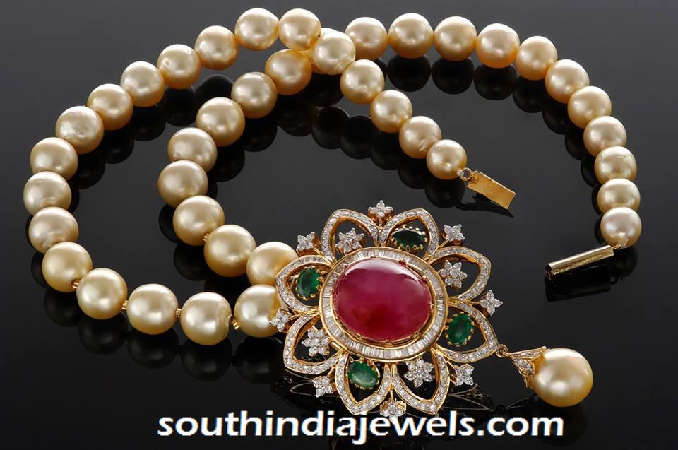 Pearl Mala with ruby emerald pendant
