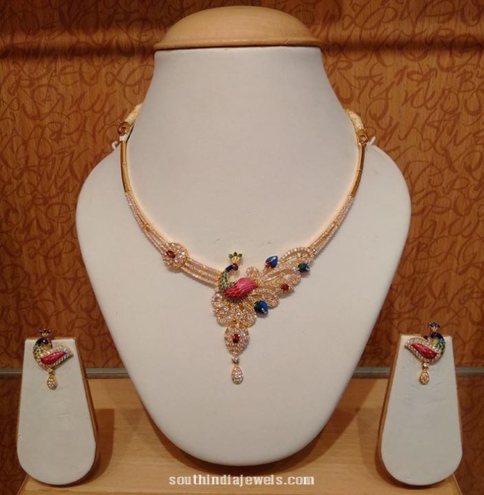 22K Gold Short Stone Necklace - South India Jewels