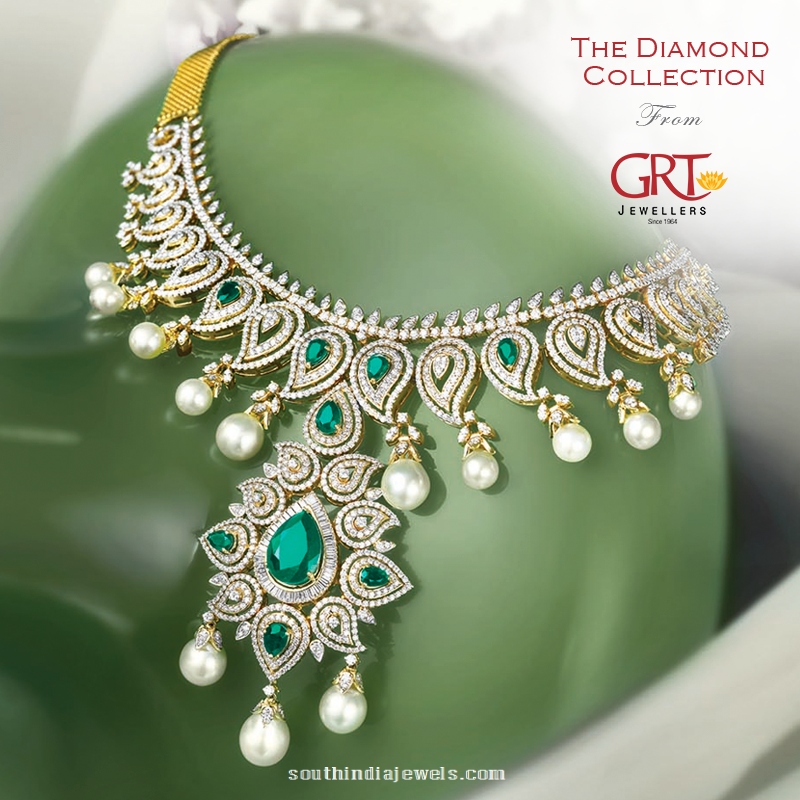 Diamond Emerald Pearl Necklace from GRT JEwellers