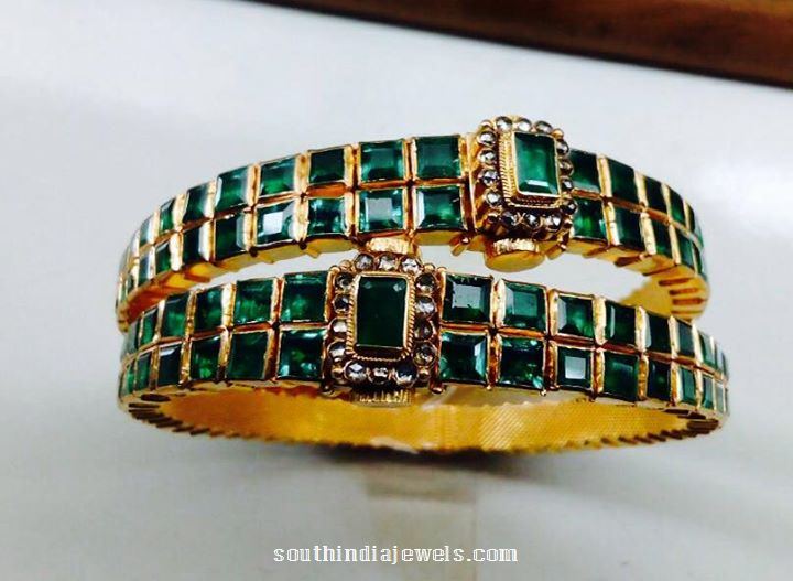 Antique Gold Emerald Bangles with uncut diamonds