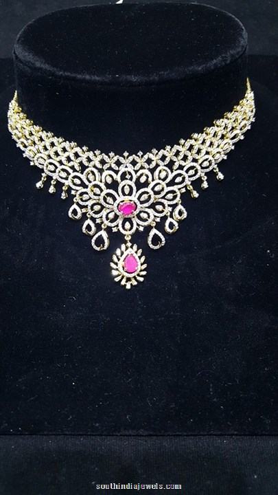 Gold Diamond Necklace with Pink Stones