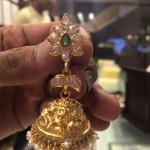 Gold Jhumka with Green Stone & Pearls