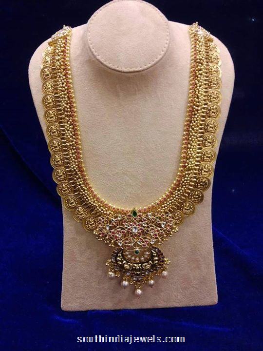 22 carat gold antique kasumalai with rubies and pearls