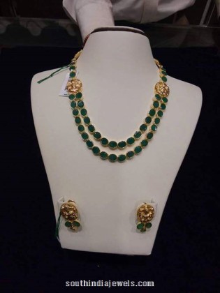 Gold Emerald Step Necklace with Earrings - South India Jewels