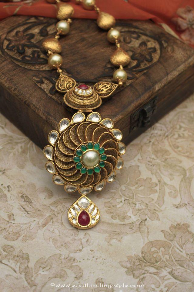 Dull Finish Gold Antique Necklace Set - South India Jewels