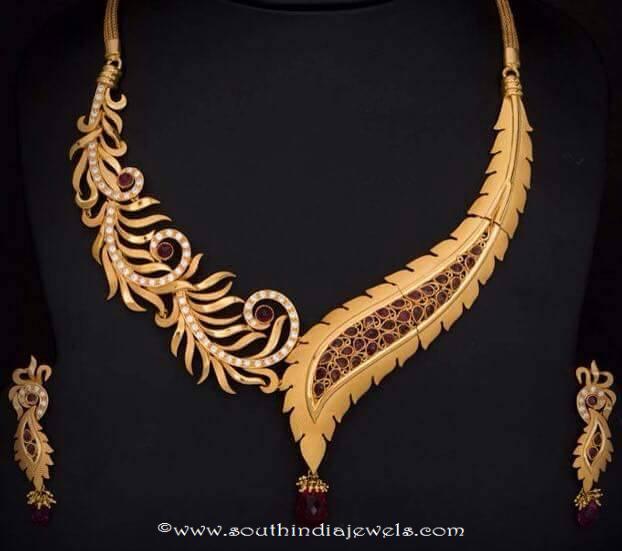 Gold Designer Ruby Leaf Necklace Set