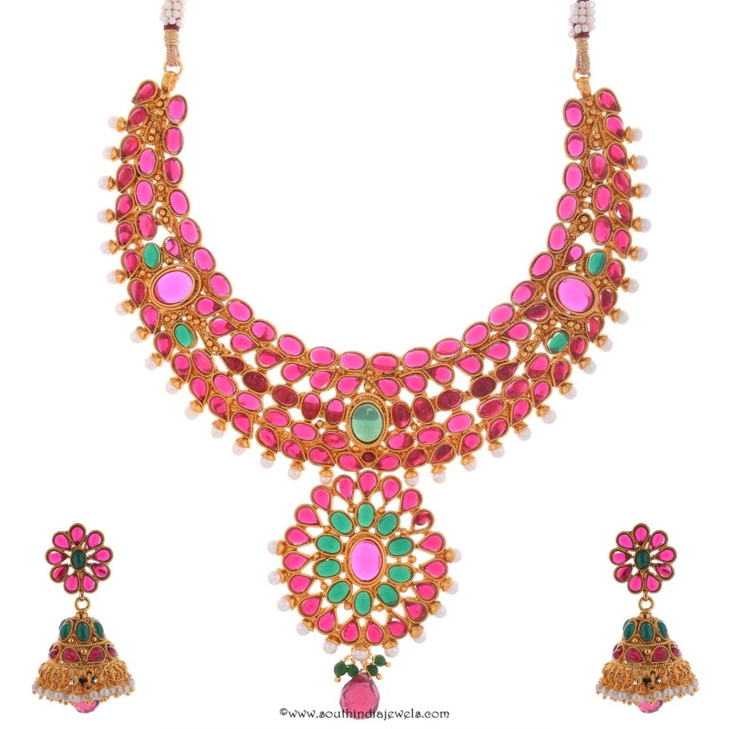 1 Gram Gold Ruby Choker necklace with jhumka
