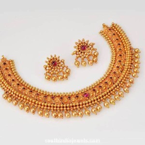 95 Grams Gold Antique Choker Necklace - South India Jewels