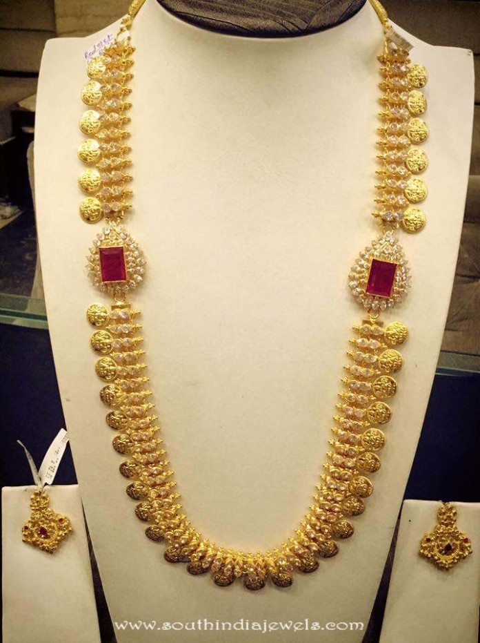 Long Gold Kasumalai with Side Lockets - South India Jewels