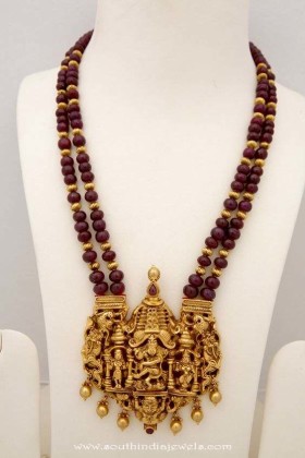 Gold Ruby Mala with Temple Pendant - South India Jewels