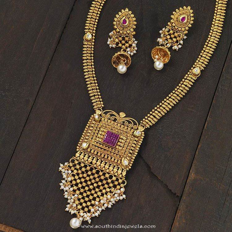gold plated antique long necklace from kushal fashion jewellery
