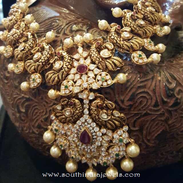 Gold Antique Peacock Necklace From Dhanlaxmi Jewellers