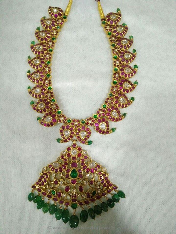 22K Gold Ruby Emerald Mango Necklace Design