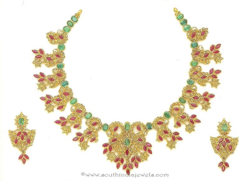 64 Grams Gold Ruby Emerald Necklace 