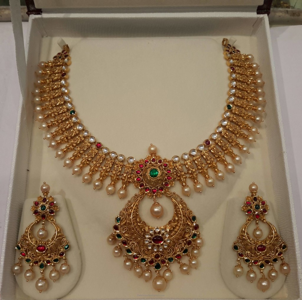 Gold Pearl Necklace Set from Mahalaxmi Jewellers South India Jewels