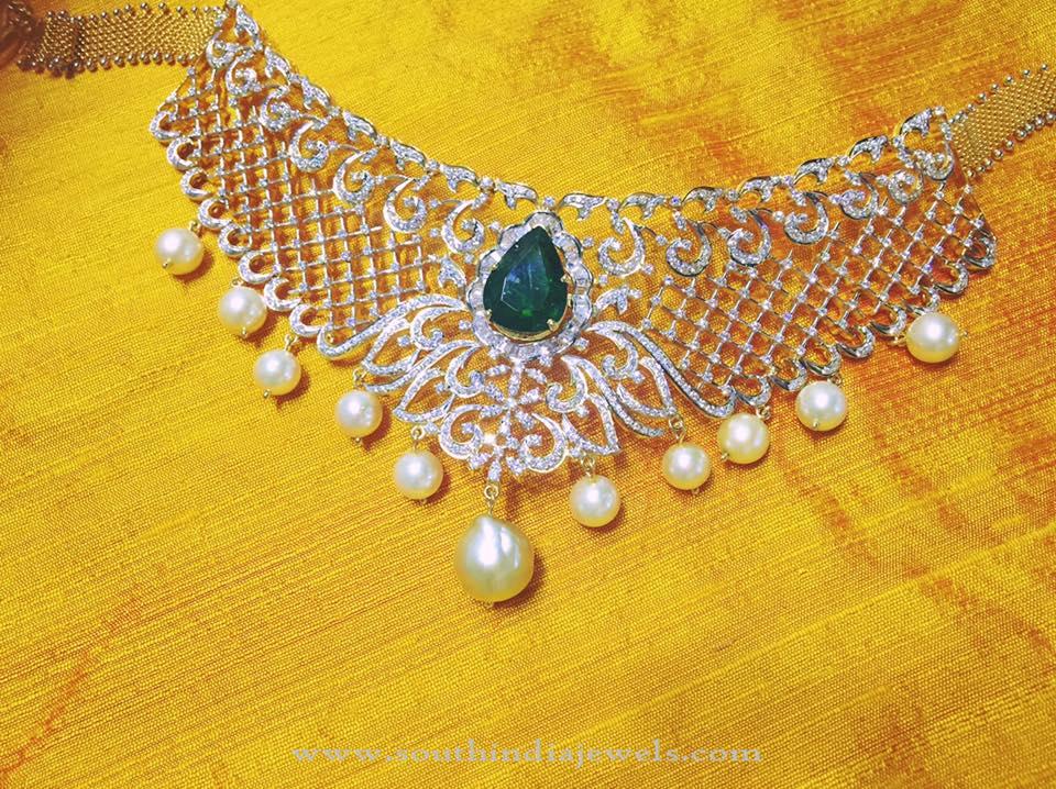 Diamond Necklace with Emeralds and Pearls