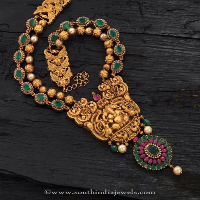 Gold Antique Emerald Temple Necklace - South India Jewels