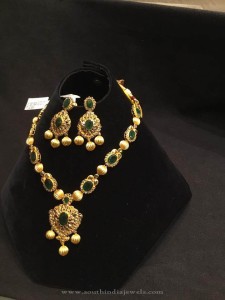 Gold Emerald Necklace Set with Earrings - South India Jewels