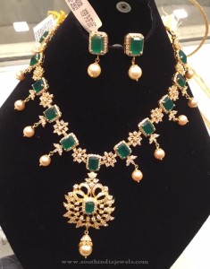 Gold CZ Emerald Necklace Set - South India Jewels