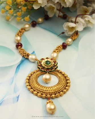 Gold Designer Pearl Ruby Necklace From Manubhai - South India Jewels