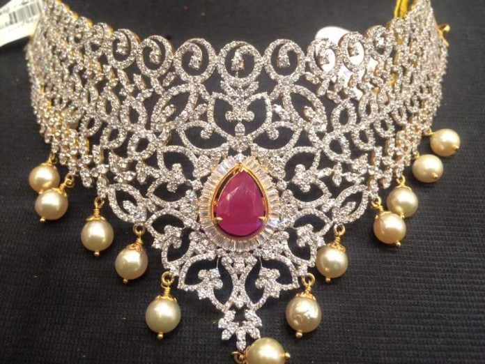 Diamond Choker With Pearls and Rubies - South India Jewels