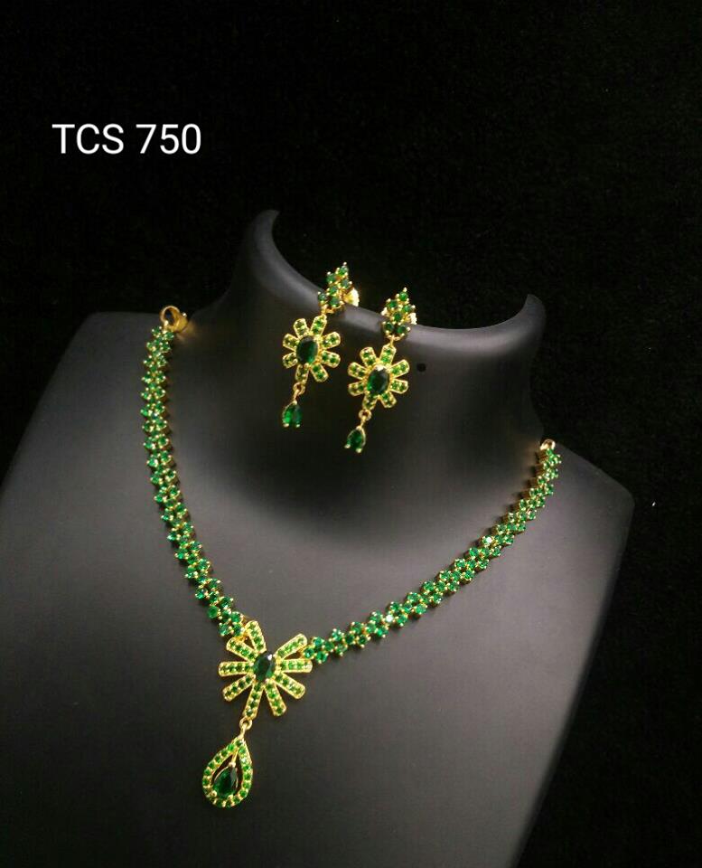 Gold Plated Green Stone Necklace Set from Temple Collections