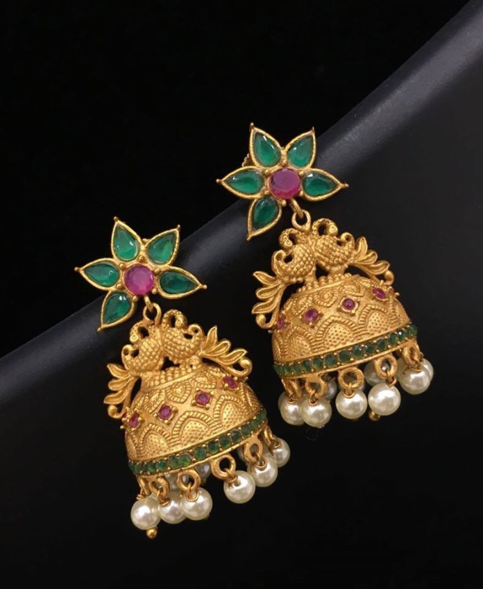 Imitation Antique Green Stone Jhumka - South India Jewels