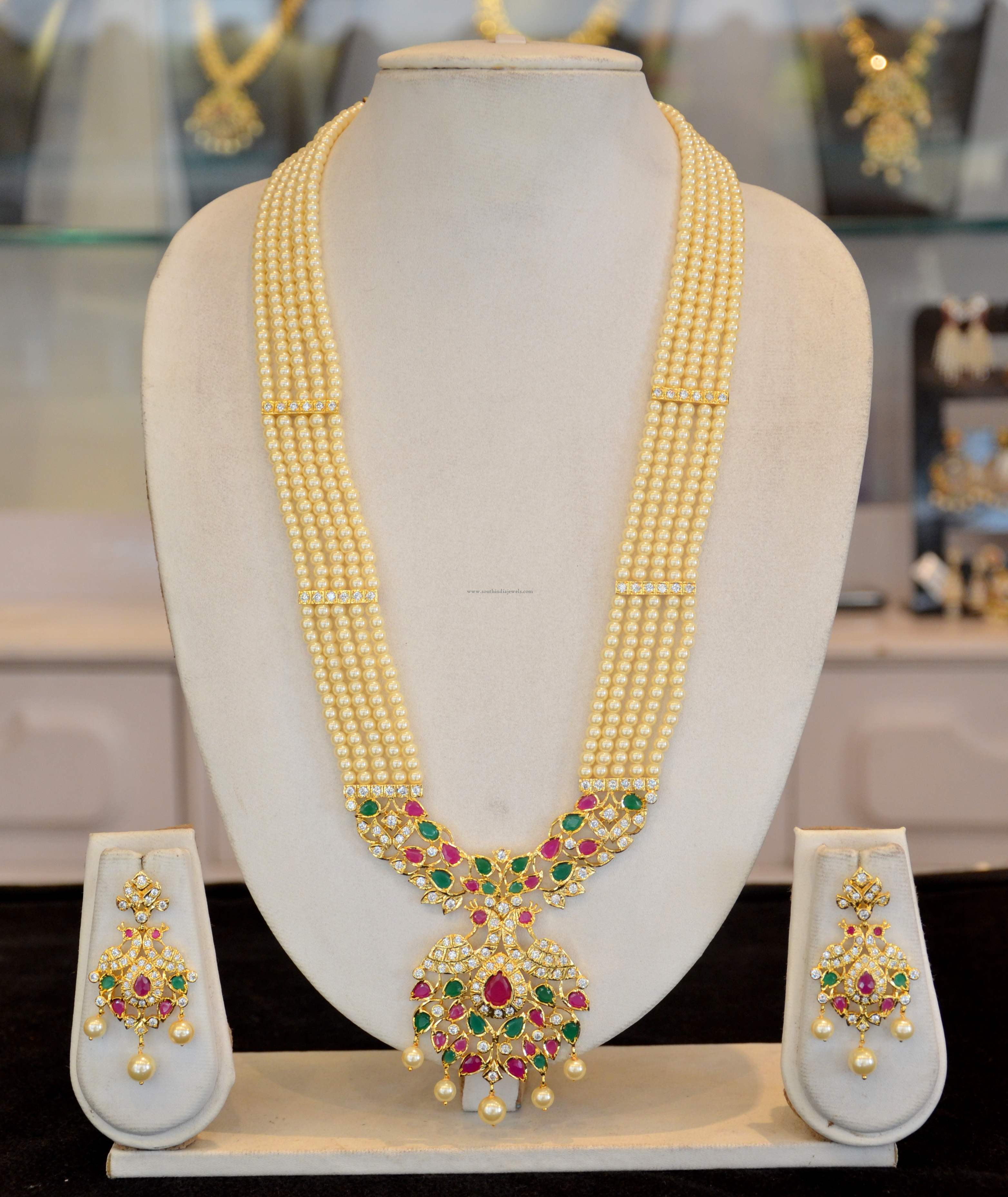 Details about   Indian Traditional 7 Line Long Pearl Haram With Pendant And Earrings Jewelry set 